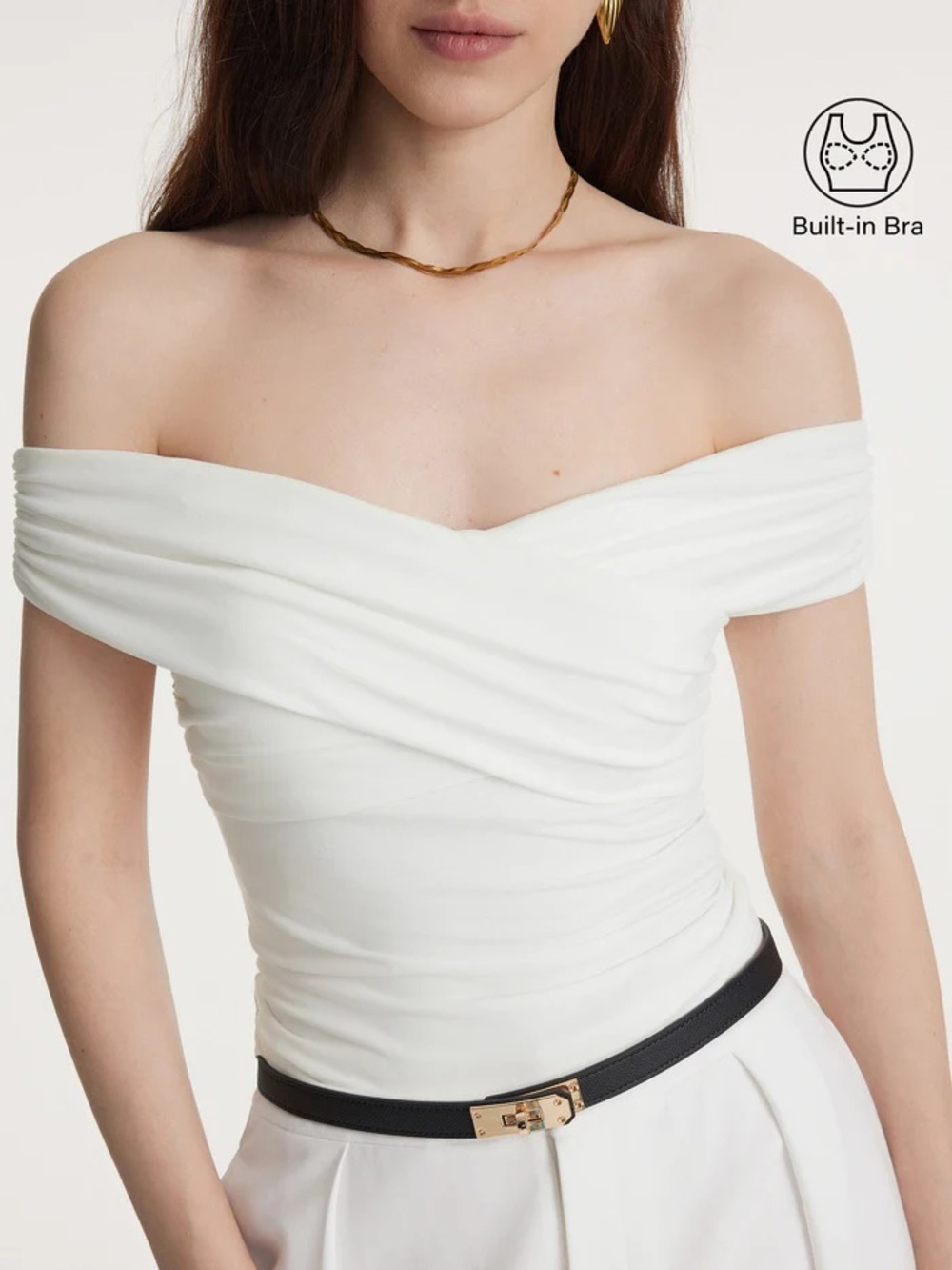 NWT OGL Eco-SkinKiss® Criss Cross Off Shoulder New Airy Bra Top in white
